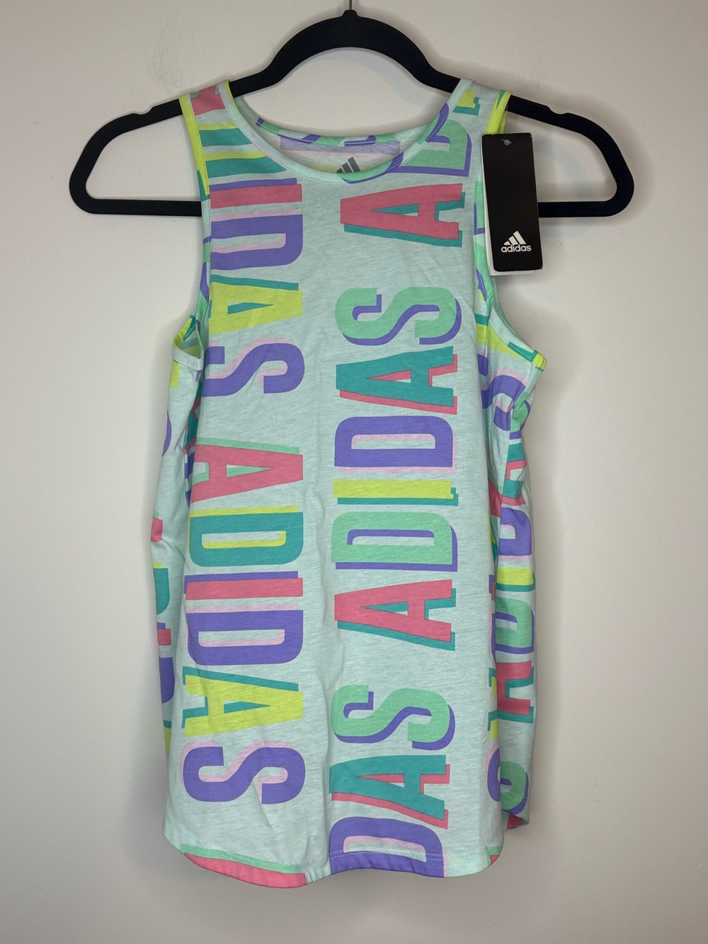 adidas Ice Mint Curved Hem Tank Top with Multicolor Logo Print Size XL NWT